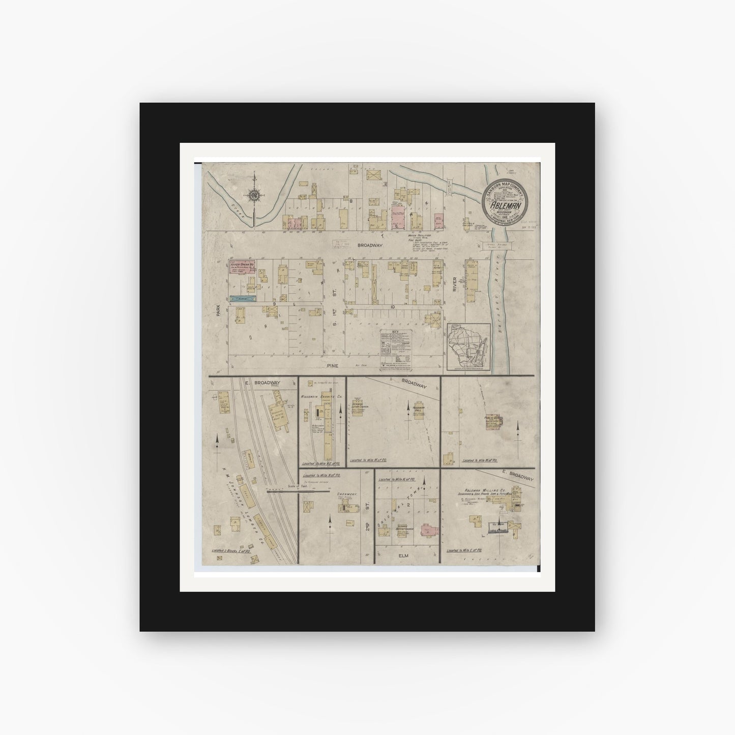 Old map wall art mockup — black gallery frame with white mat — Sanborn Fire Insurance Map from Ableman, Sauk County, Wisconsin (1912), Sheet #0001