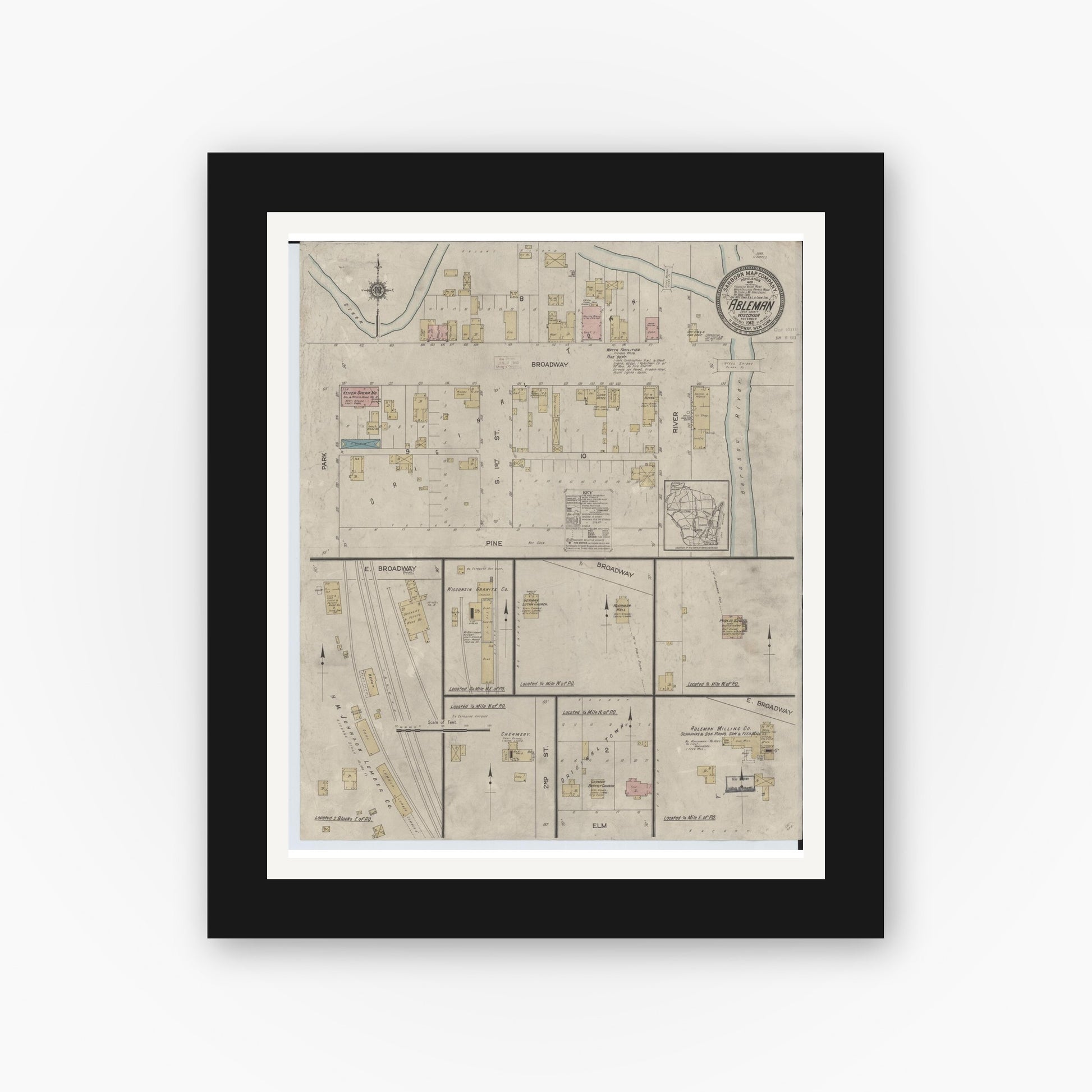 Old map wall art mockup — black gallery frame with white mat — Sanborn Fire Insurance Map from Ableman, Sauk County, Wisconsin (1912), Sheet #0001