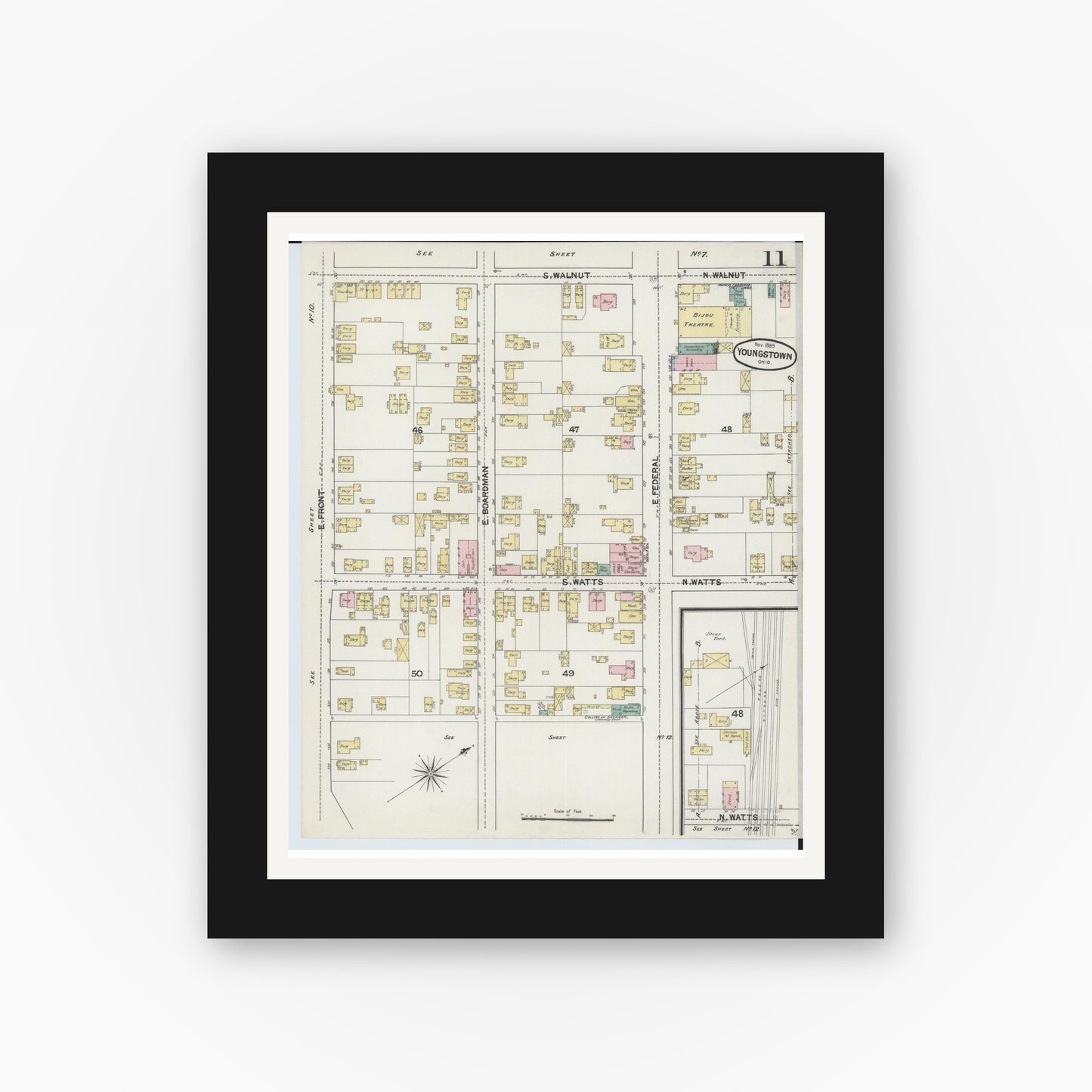Old map wall art mockup — black gallery frame with white mat — Sanborn Fire Insurance Map from Youngstown, Mahoning County, Ohio (1889), Sheet #0011