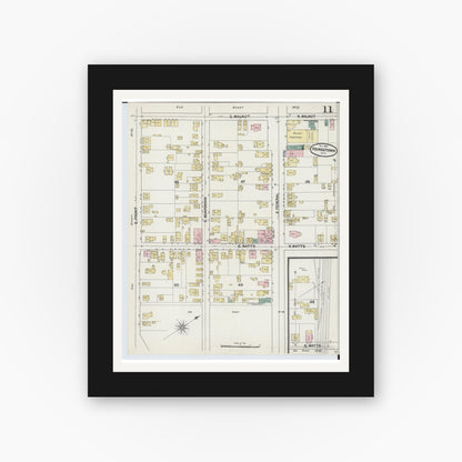 Old map wall art mockup — black gallery frame with white mat — Sanborn Fire Insurance Map from Youngstown, Mahoning County, Ohio (1889), Sheet #0011
