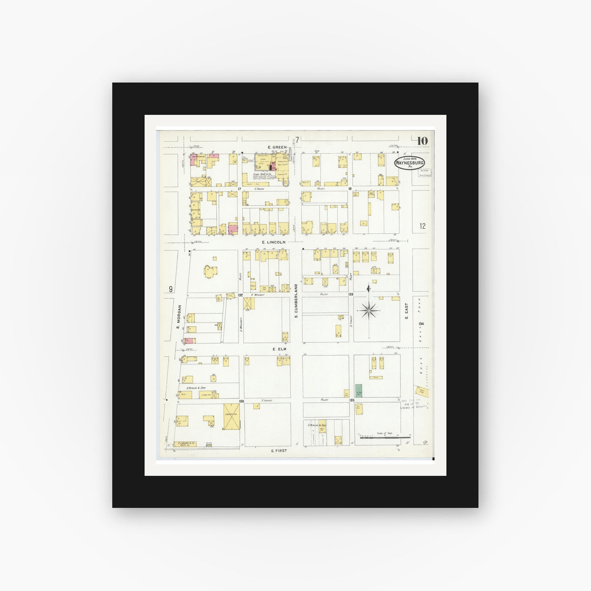 Old map wall art mockup — black gallery frame with white mat — Sanborn Fire Insurance Map from Waynesburg, Greene County, Pennsylvania (1908), Sheet #0010