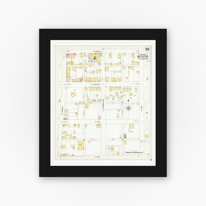Old map wall art mockup — black gallery frame with white mat — Sanborn Fire Insurance Map from Waynesburg, Greene County, Pennsylvania (1908), Sheet #0010