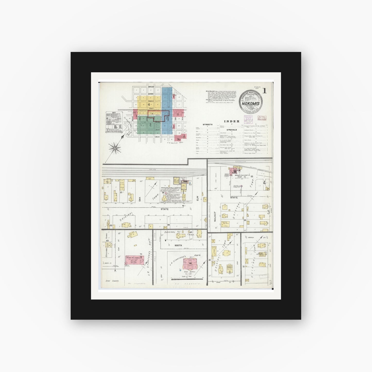 Old map wall art mockup — black gallery frame with white mat — Sanborn Fire Insurance Map from Nokomis, Montgomery County, Illinois (1906) - Complete Map Set