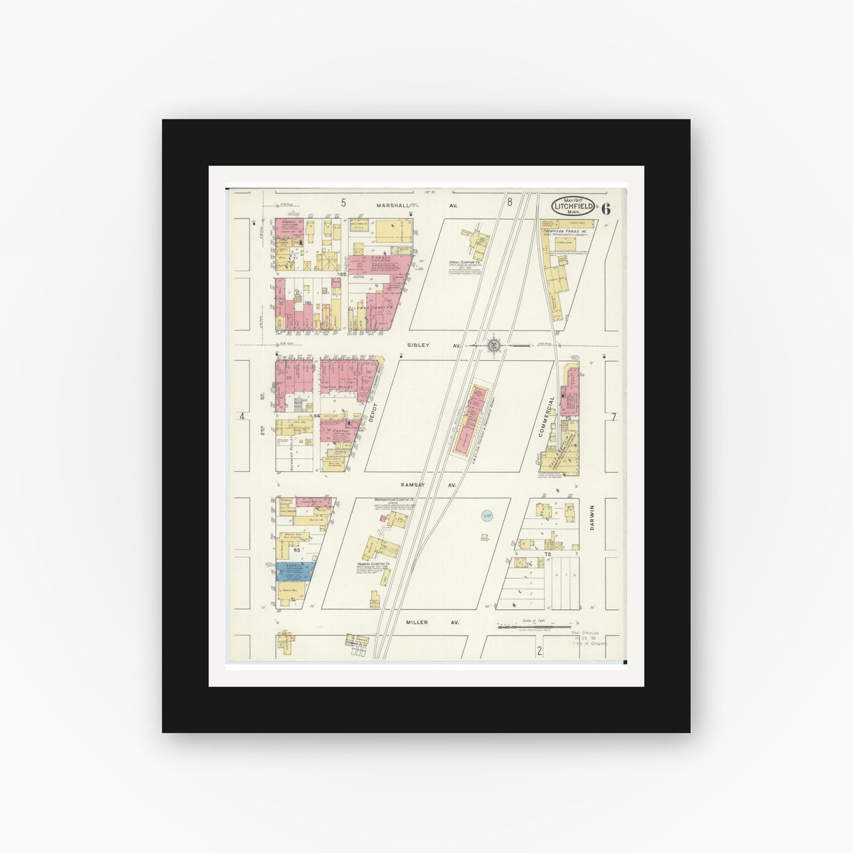 Old map wall art mockup — black gallery frame with white mat — Sanborn Fire Insurance Map from Litchfield, Meeker County, Minnesota (1917), Sheet #0006