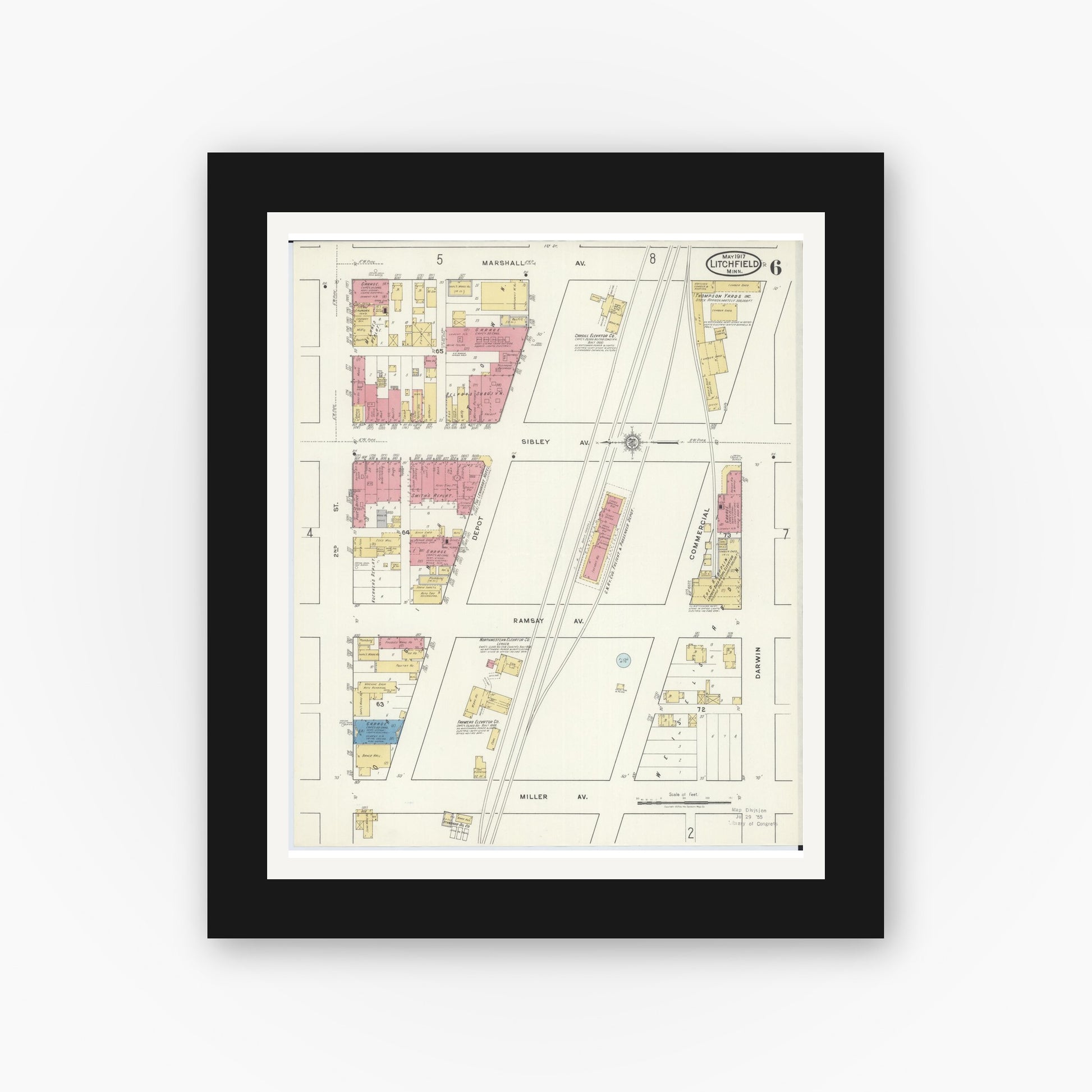 Old map wall art mockup — black gallery frame with white mat — Sanborn Fire Insurance Map from Litchfield, Meeker County, Minnesota (1917), Sheet #0006