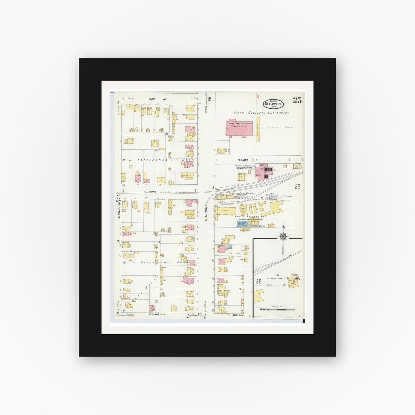 Old map wall art mockup — black gallery frame with white mat — Sanborn Fire Insurance Map from Delaware, Delaware County, Ohio (1911), Sheet #0025
