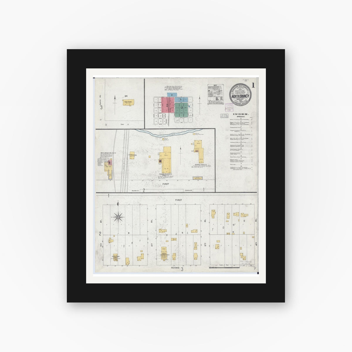 Old map wall art mockup — black gallery frame with white mat — Sanborn Fire Insurance Map from North Branch, Chisago County, Minnesota (1904), Sheet #0001