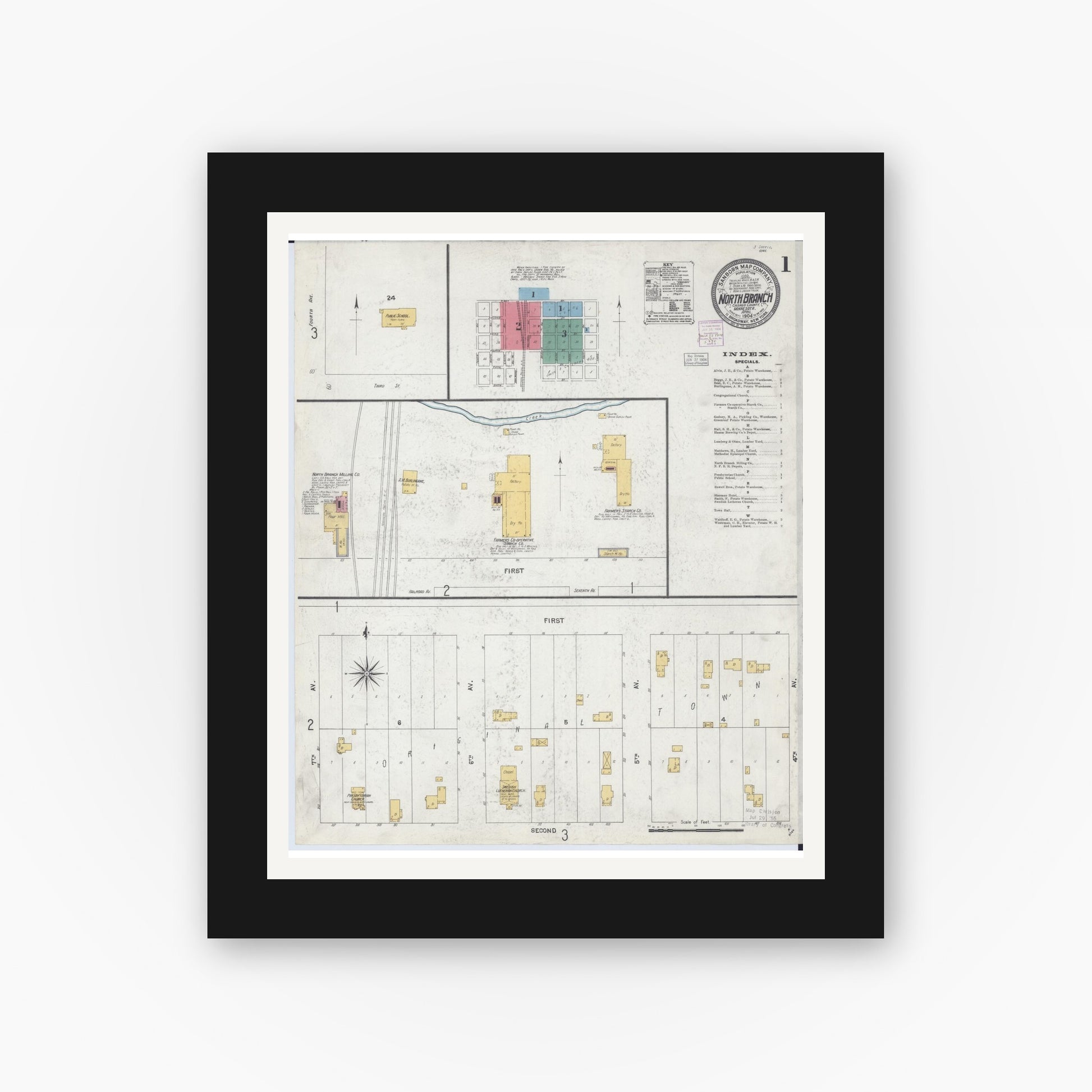 Old map wall art mockup — black gallery frame with white mat — Sanborn Fire Insurance Map from North Branch, Chisago County, Minnesota (1904), Sheet #0001