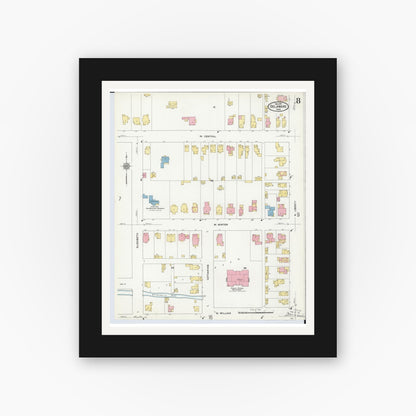 Old map wall art mockup — black gallery frame with white mat — Sanborn Fire Insurance Map from Delaware, Delaware County, Ohio (1911), Sheet #0008