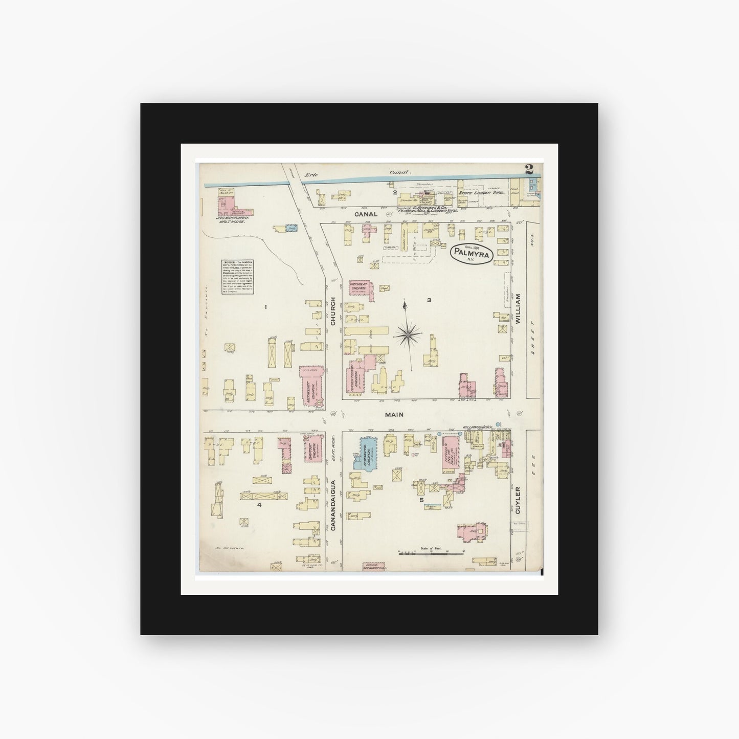 Old map wall art mockup — black gallery frame with white mat — Sanborn Fire Insurance Map from Palmyra, Wayne County, New York (1884), Sheet #0002