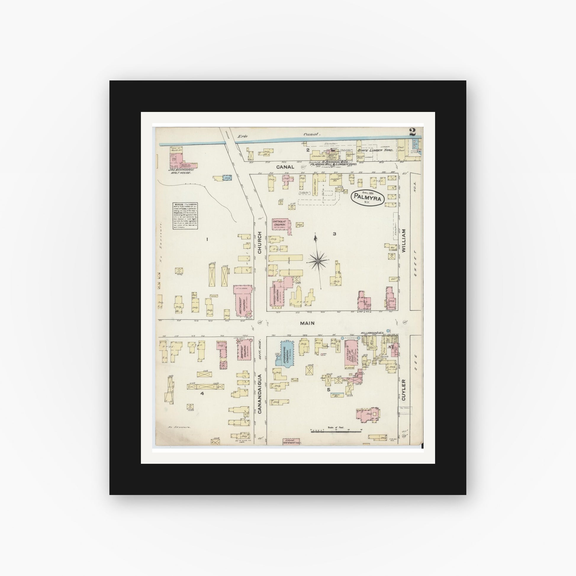 Old map wall art mockup — black gallery frame with white mat — Sanborn Fire Insurance Map from Palmyra, Wayne County, New York (1884), Sheet #0002
