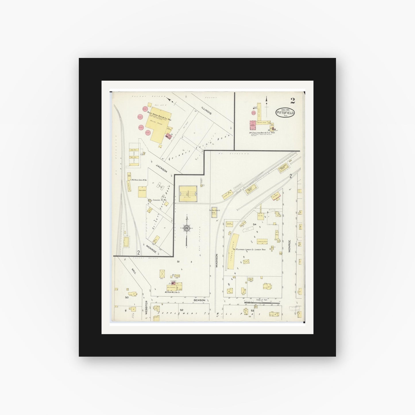 Old map wall art mockup — black gallery frame with white mat — Sanborn Fire Insurance Map from Pittsfield, Pike County, Illinois (1913), Sheet #0002