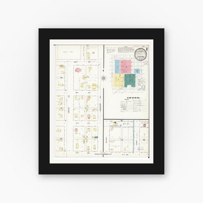 Old map wall art mockup — black gallery frame with white mat — Sanborn Fire Insurance Map from Corning, Adams County, Iowa (1893), Sheet #0001