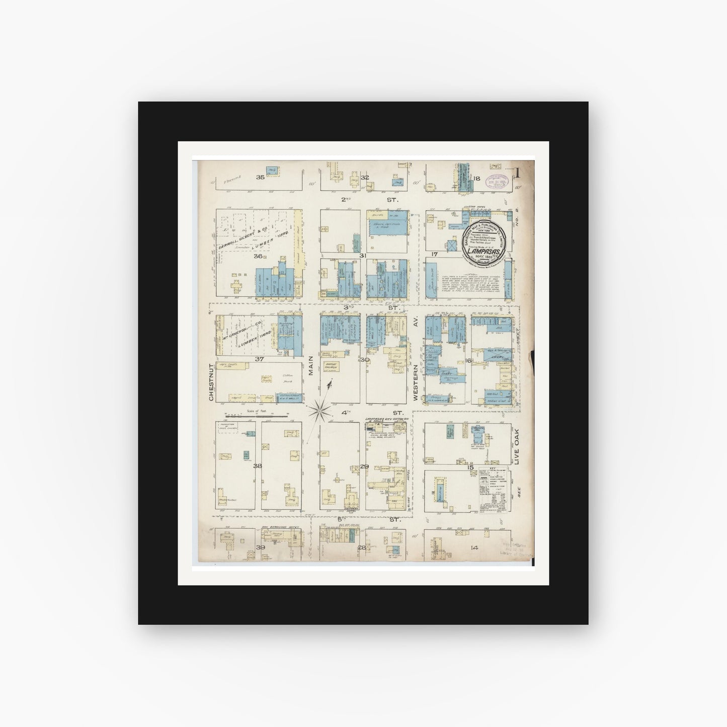 Old map wall art mockup — black gallery frame with white mat — Sanborn Fire Insurance Map from Lampasas, Lampasas County, Texas (1885) - Complete Map Set