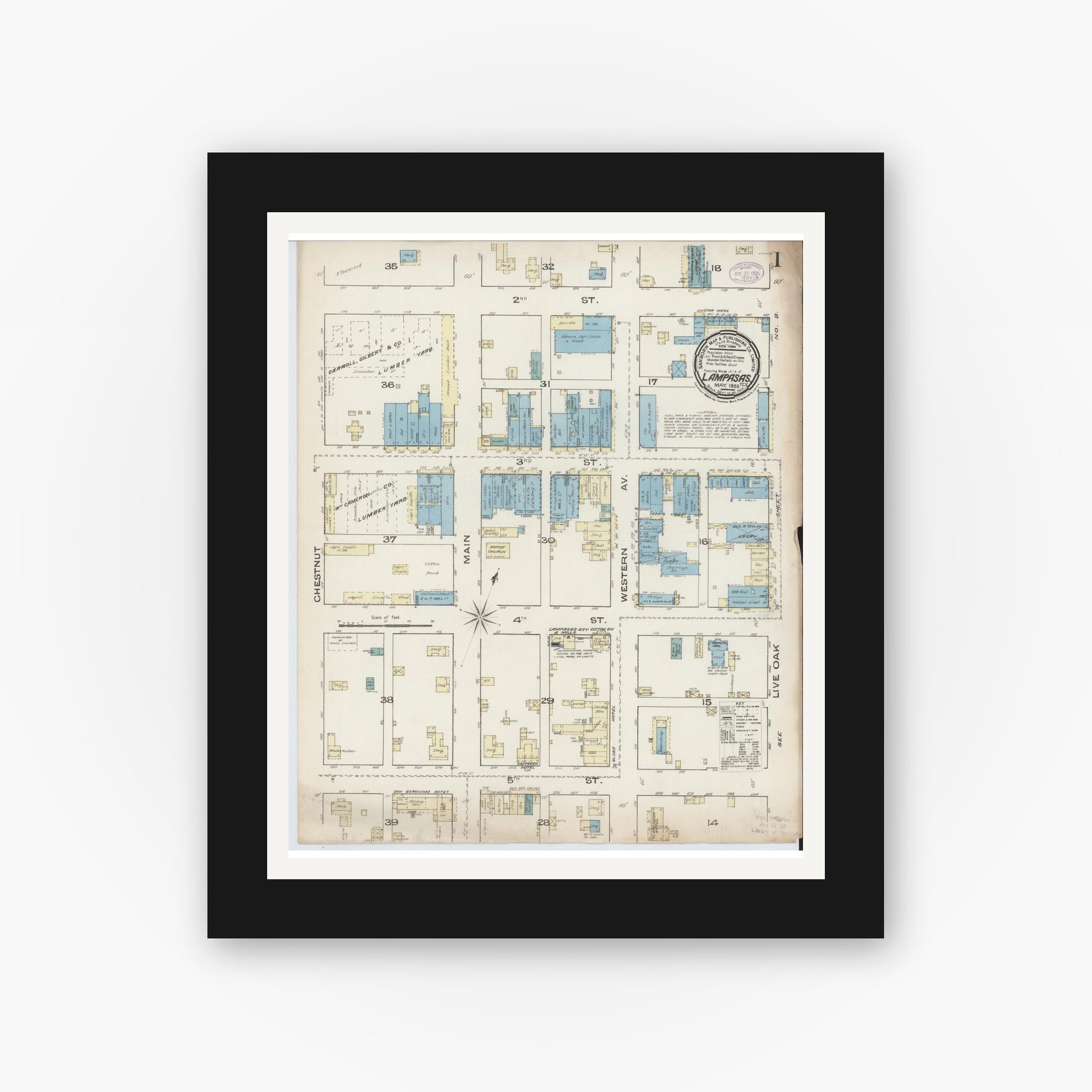 Old map wall art mockup — black gallery frame with white mat — Sanborn Fire Insurance Map from Lampasas, Lampasas County, Texas (1885) - Complete Map Set