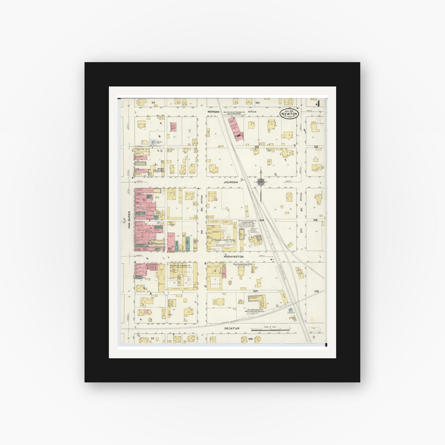 Old map wall art mockup — black gallery frame with white mat — Sanborn Fire Insurance Map from Newton, Jasper County, Illinois (1910), Sheet #0004