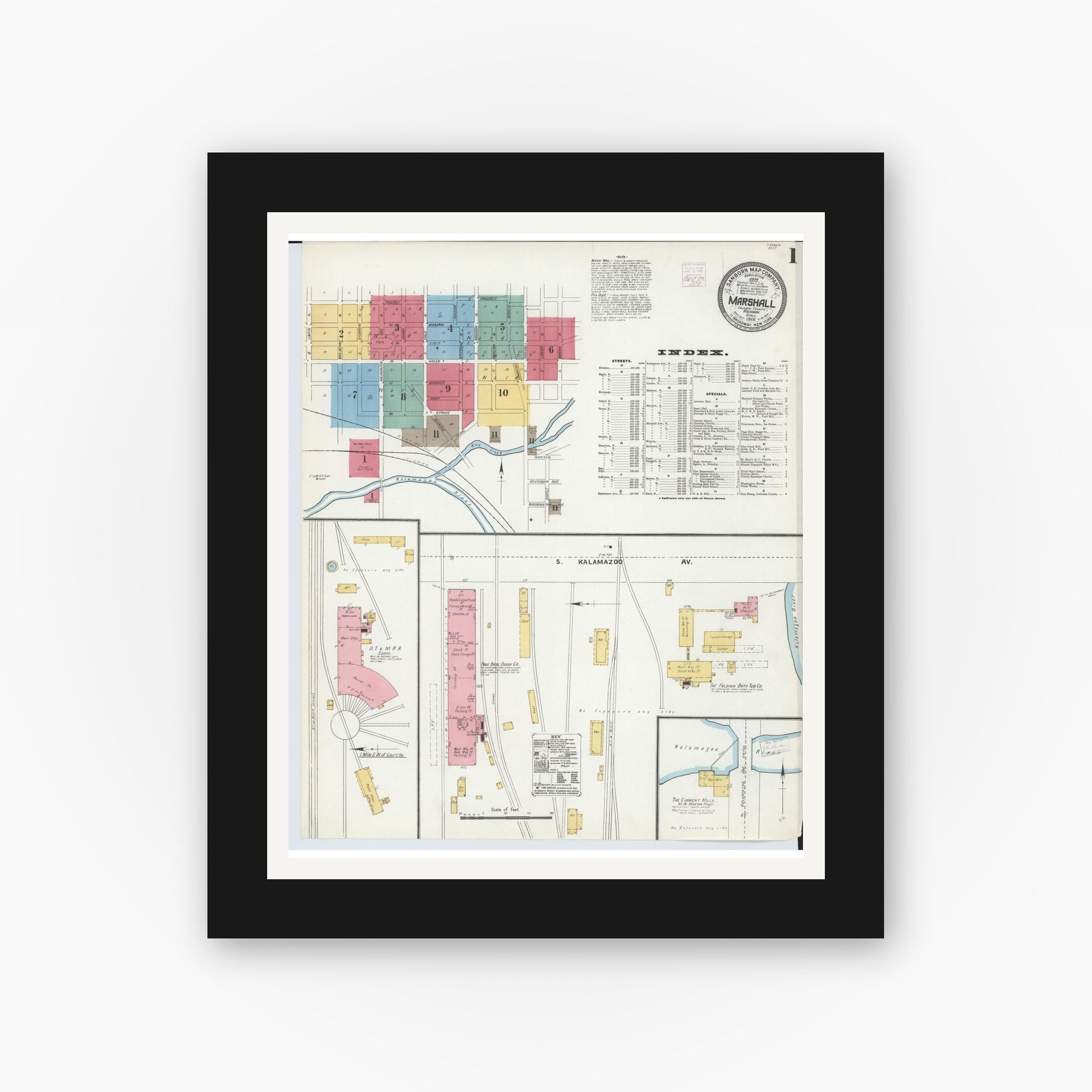 Old map wall art mockup — black gallery frame with white mat — Sanborn Fire Insurance Map from Marshall, Calhoun County, Michigan (1906) - Complete Map Set