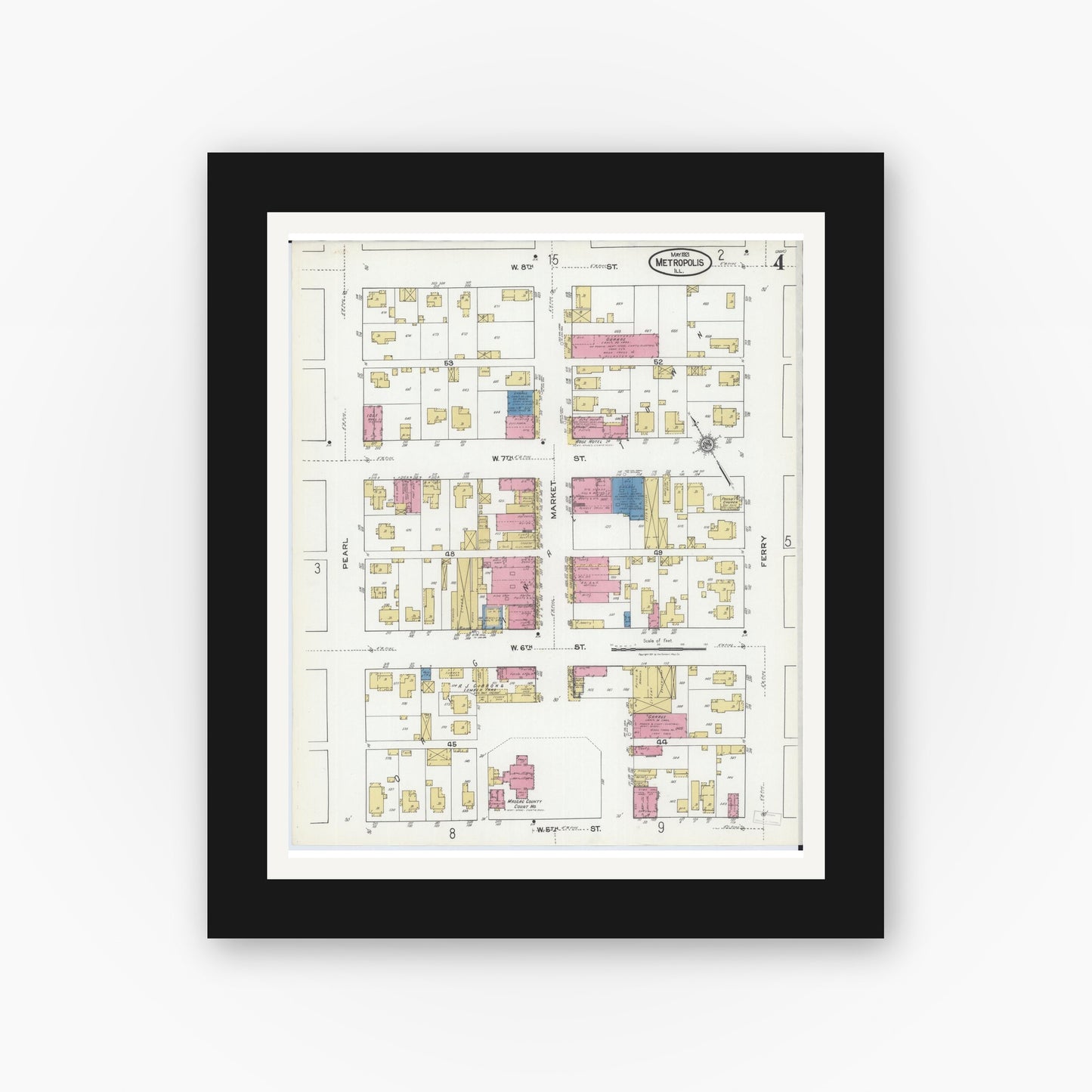 Old map wall art mockup — black gallery frame with white mat — Sanborn Fire Insurance Map from Metropolis, Massac County, Illinois (1921), Sheet #0004