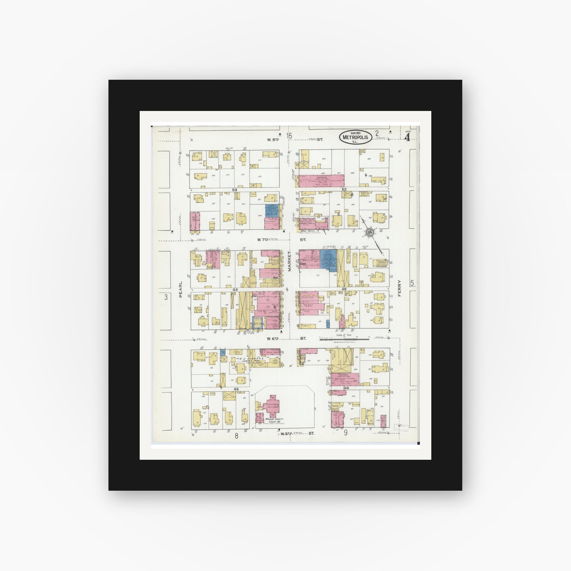 Old map wall art mockup — black gallery frame with white mat — Sanborn Fire Insurance Map from Metropolis, Massac County, Illinois (1921), Sheet #0004