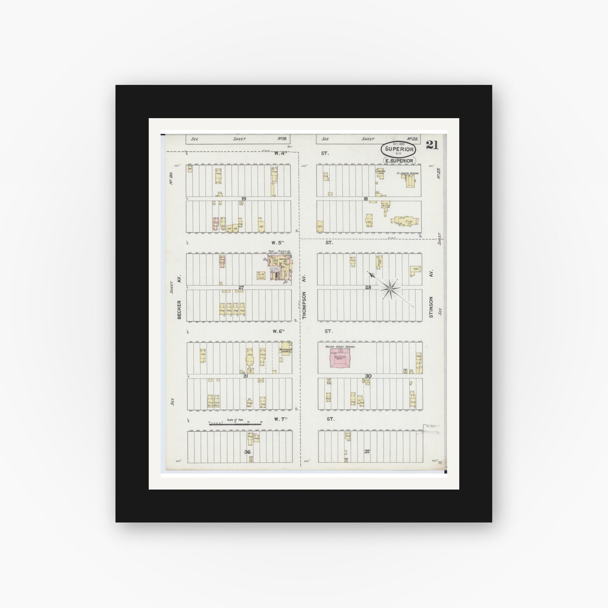Old map wall art mockup — black gallery frame with white mat — Sanborn Fire Insurance Map from Superior, Douglas County, Wisconsin (1889), Sheet #0021