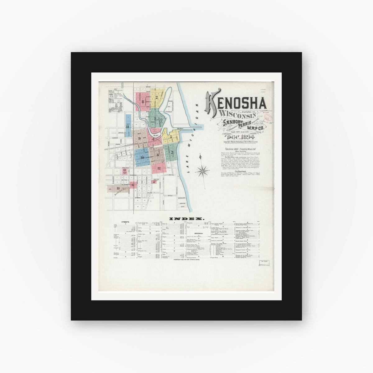 Old map wall art mockup — black gallery frame with white mat — Sanborn Fire Insurance Map from Kenosha, Kenosha County, Wisconsin (1894), Sheet #0001