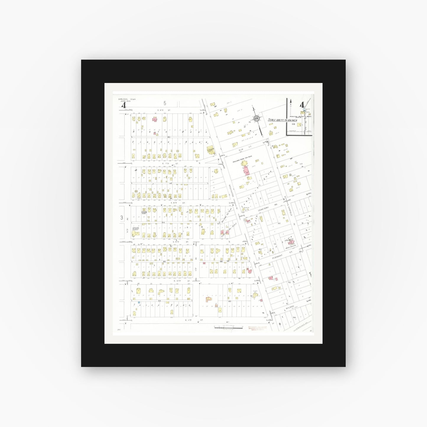 Old map wall art mockup — black gallery frame with white mat — Sanborn Fire Insurance Map from Sheldon, O'Brien County, Iowa (1933), Sheet #0004