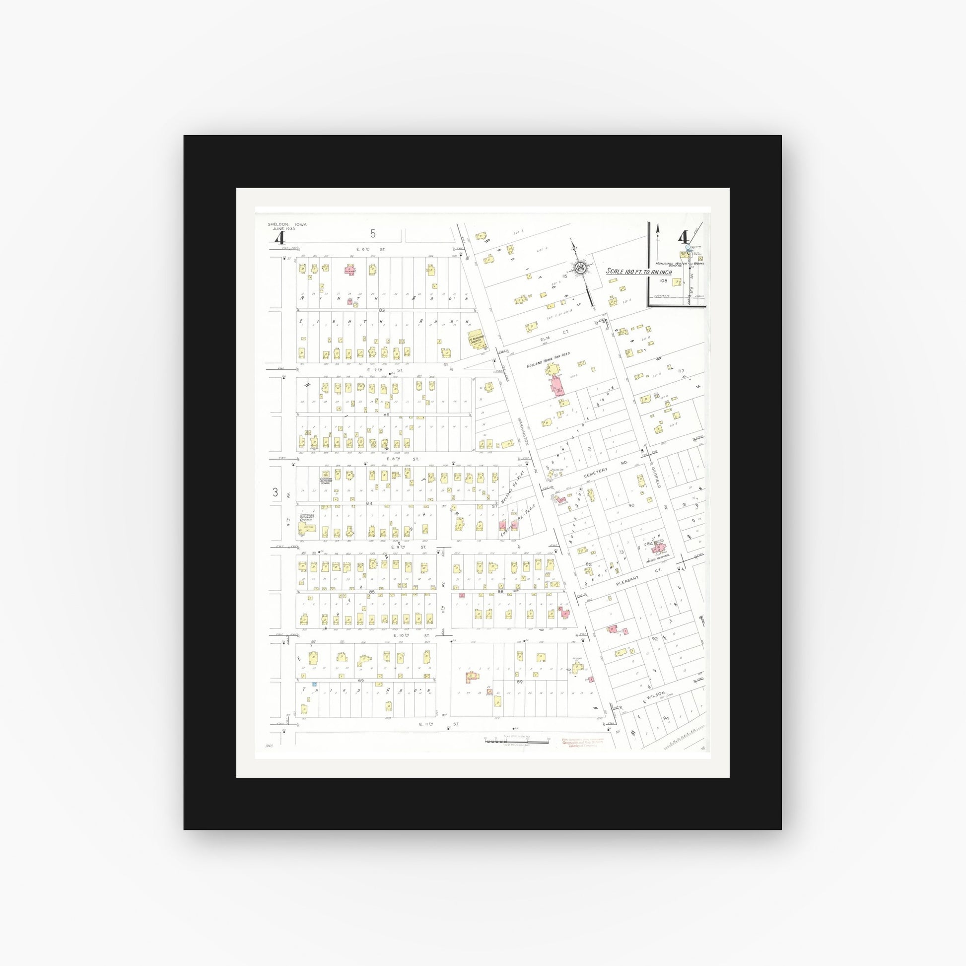 Old map wall art mockup — black gallery frame with white mat — Sanborn Fire Insurance Map from Sheldon, O'Brien County, Iowa (1933), Sheet #0004