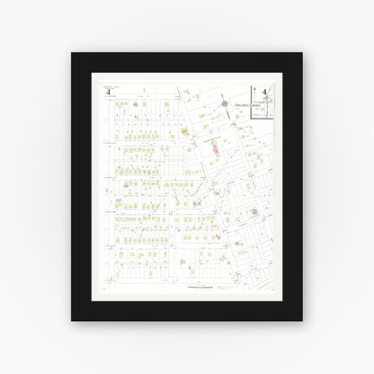 Old map wall art mockup — black gallery frame with white mat — Sanborn Fire Insurance Map from Sheldon, O'Brien County, Iowa (1933), Sheet #0004