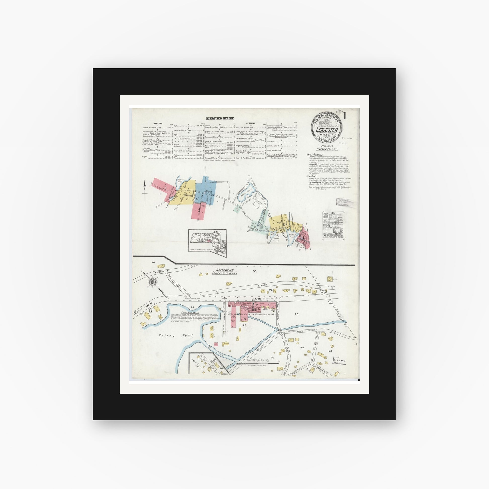 Old map wall art mockup — black gallery frame with white mat — Sanborn Fire Insurance Map from Leicester, Worcester County, Massachusetts (1918), Sheet #0001