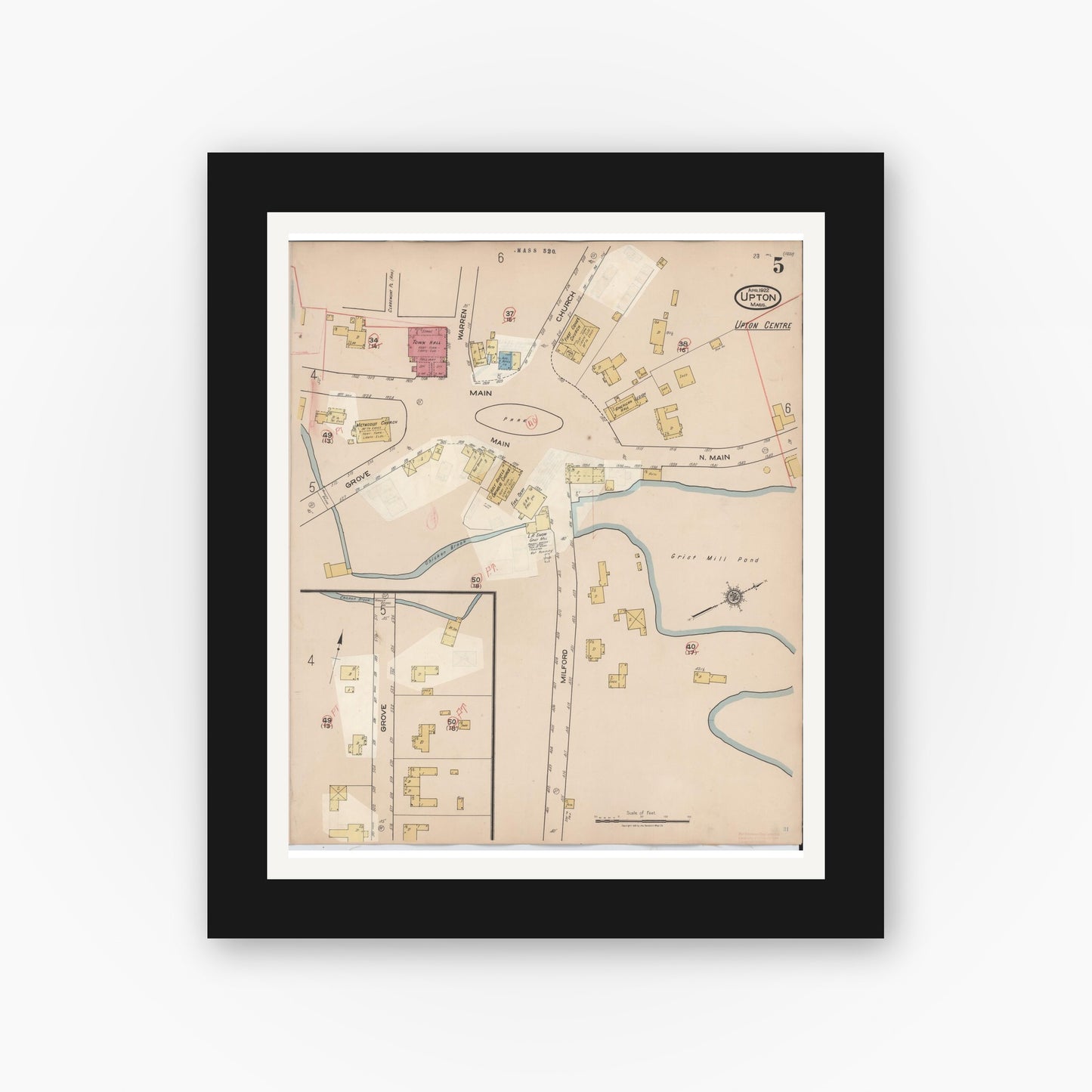 Old map wall art mockup — black gallery frame with white mat — Sanborn Fire Insurance Map from Upton, Worcester County, Massachusetts (1945), Sheet #0005