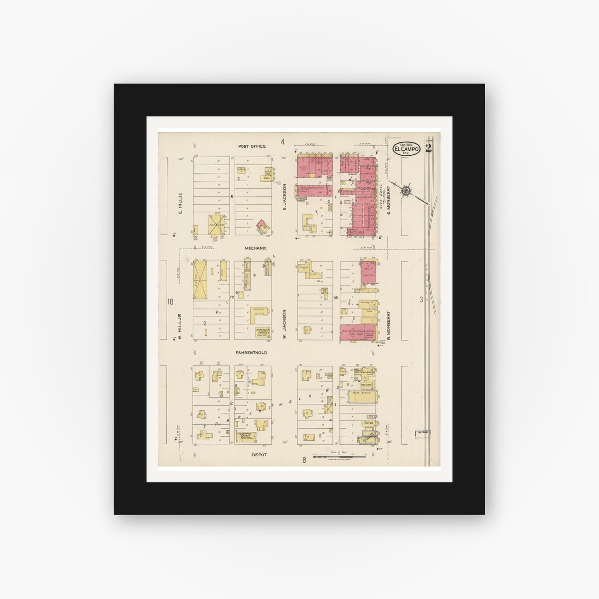 Old map wall art mockup — black gallery frame with white mat — Sanborn Fire Insurance Map from El Campo, Wharton County, Texas (1922), Sheet #0002
