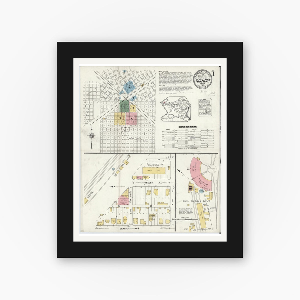 Old map wall art mockup — black gallery frame with white mat — Sanborn Fire Insurance Map from Dalhart, Dallam And Hartley County, Texas (1920) - Complete Map Set