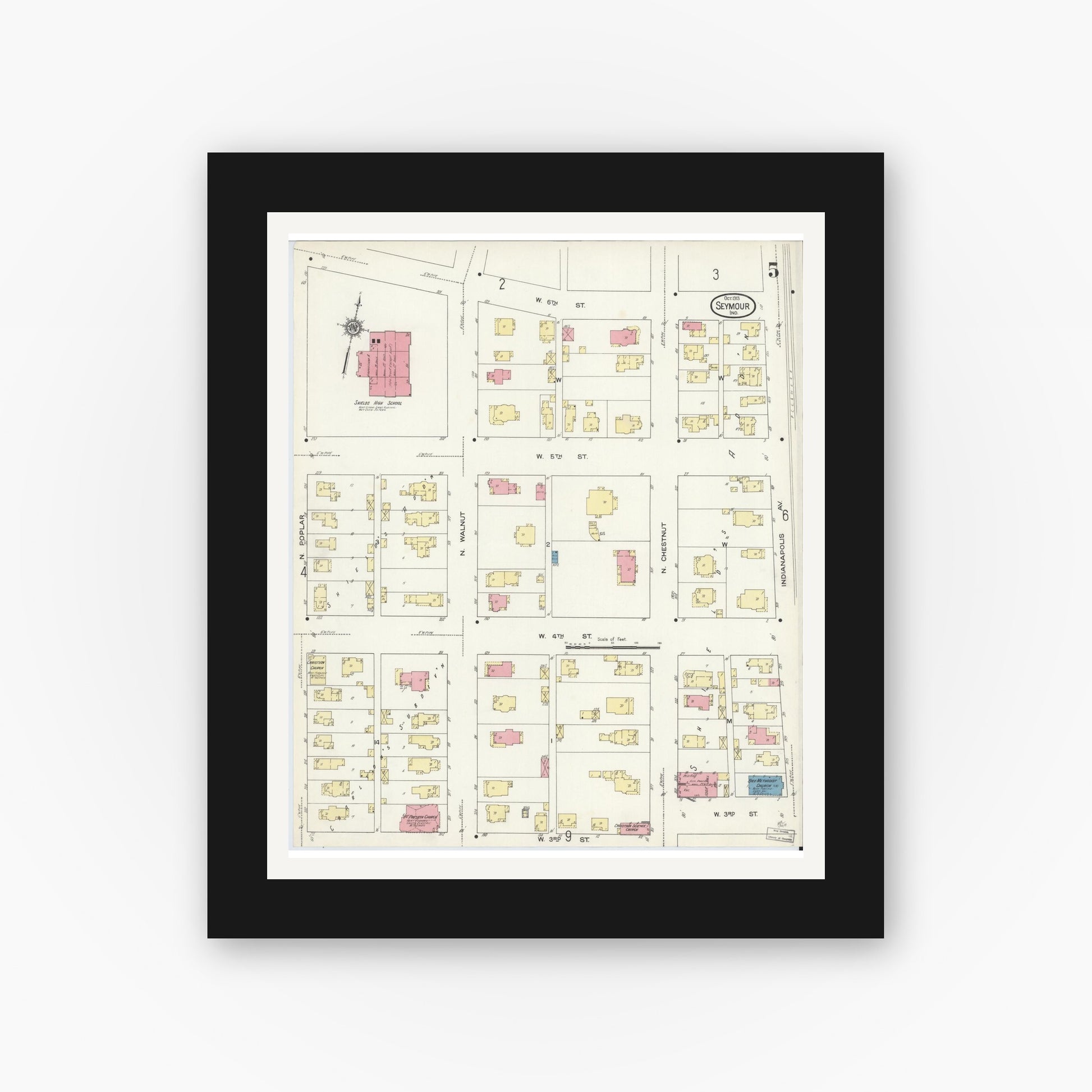 Old map wall art mockup — black gallery frame with white mat — Sanborn Fire Insurance Map from Seymour, Jackson County, Indiana (1913), Sheet #0005