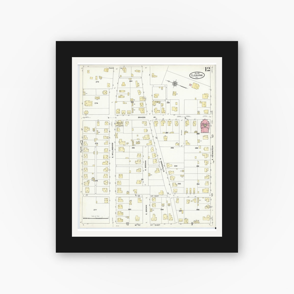 Old map wall art mockup — black gallery frame with white mat — Sanborn Fire Insurance Map from Cleburne, Johnson County, Texas (1910), Sheet #0012