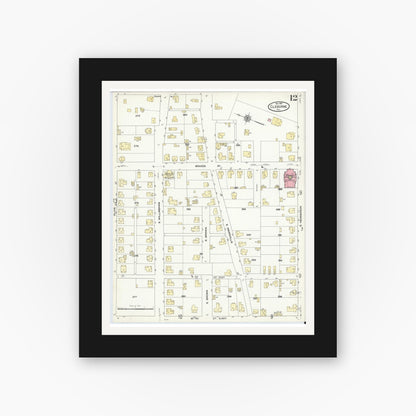 Old map wall art mockup — black gallery frame with white mat — Sanborn Fire Insurance Map from Cleburne, Johnson County, Texas (1910), Sheet #0012