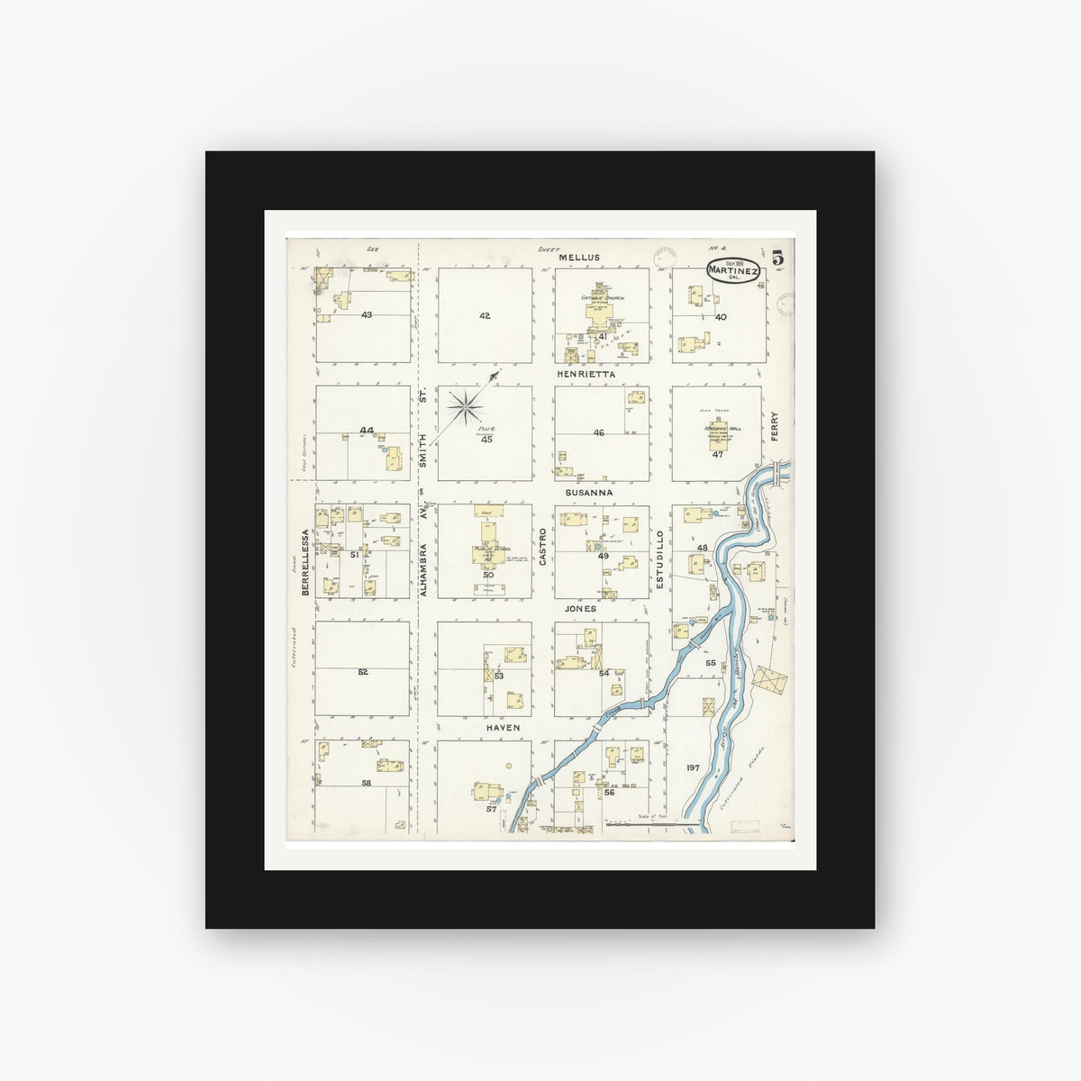 Old map wall art mockup — black gallery frame with white mat — Sanborn Fire Insurance Map from Martinez, Contra Costa County, California (1891), Sheet #0005