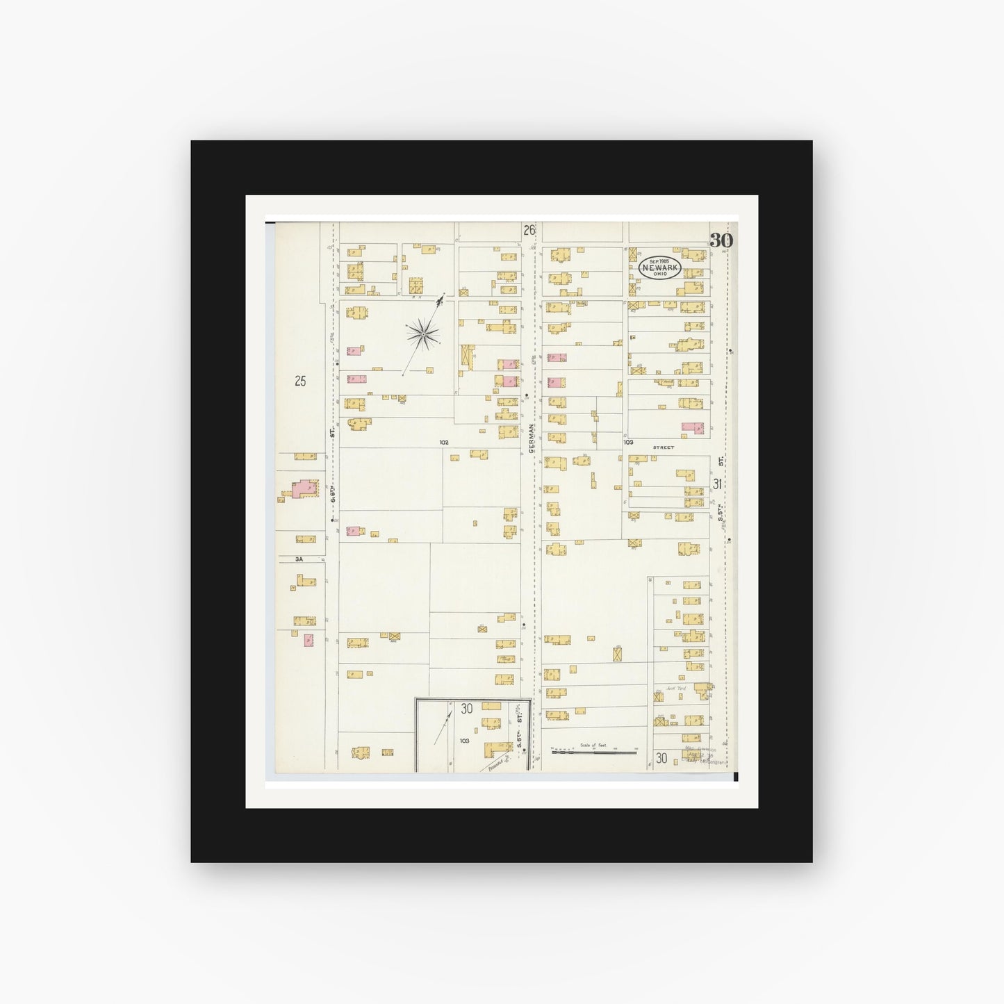 Old map wall art mockup — black gallery frame with white mat — Sanborn Fire Insurance Map from Newark, Licking County, Ohio (1905), Sheet #0030