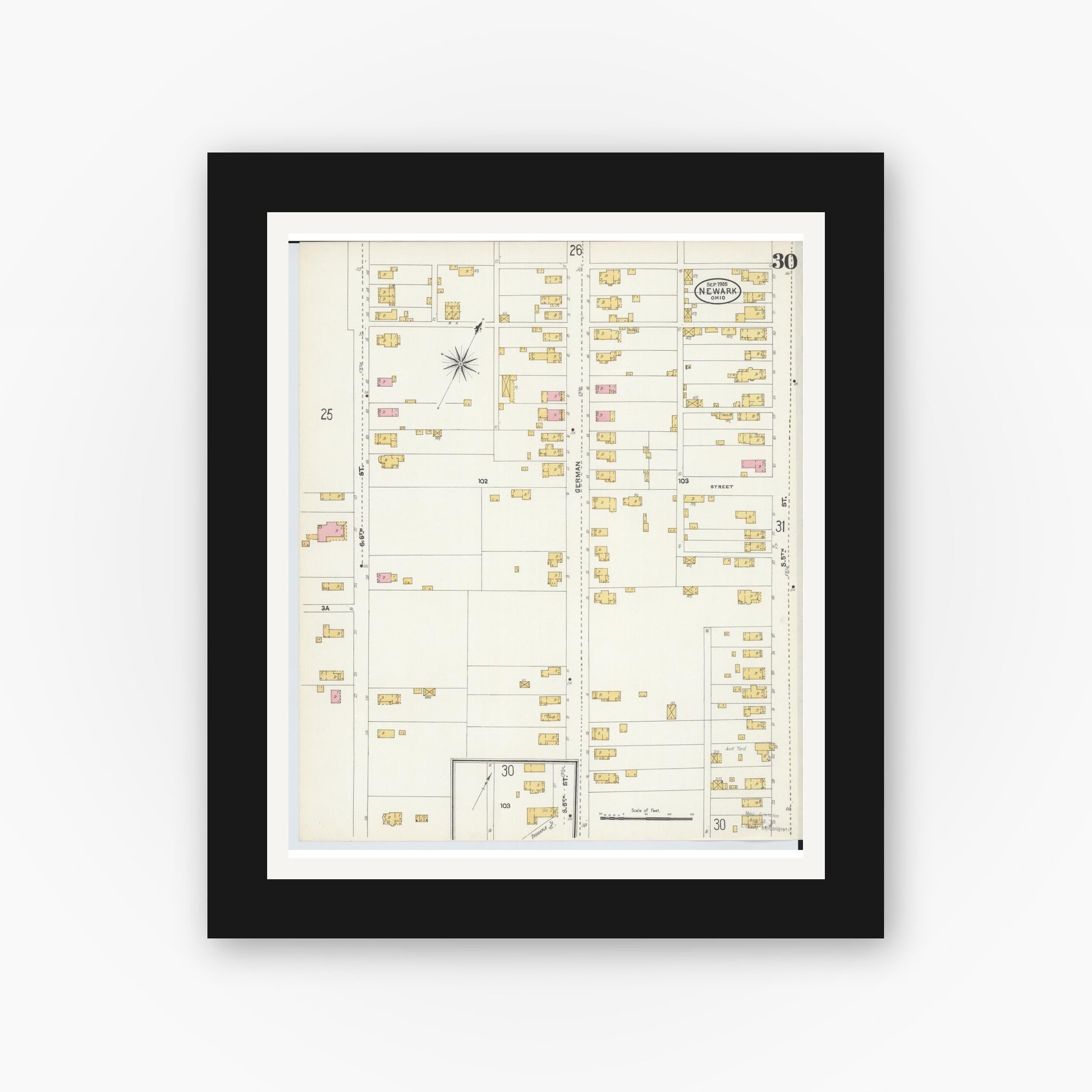 Old map wall art mockup — black gallery frame with white mat — Sanborn Fire Insurance Map from Newark, Licking County, Ohio (1905), Sheet #0030