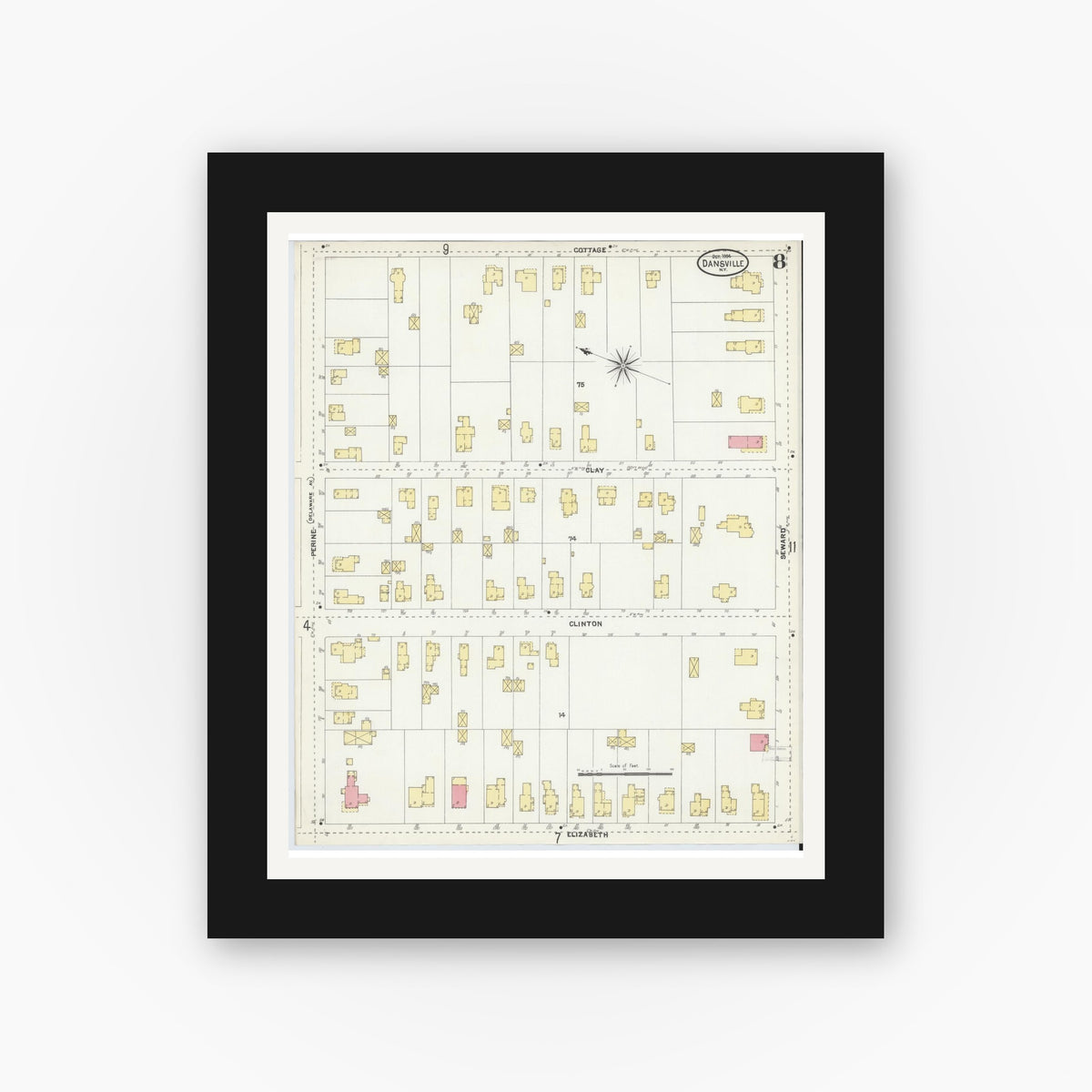 Old map wall art mockup — black gallery frame with white mat — Sanborn Fire Insurance Map from Dansville, Livingston County, New York (1904), Sheet #0008