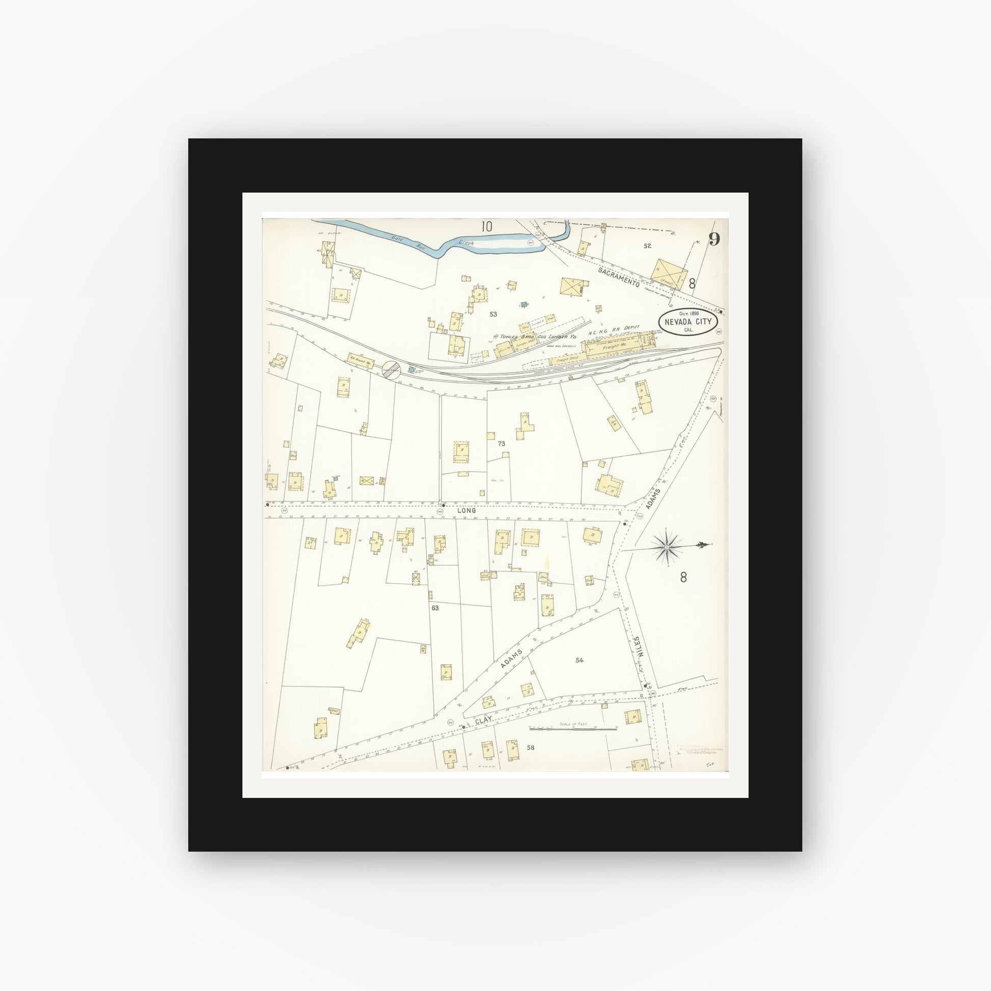 Old map wall art mockup — black gallery frame with white mat — Sanborn Fire Insurance Map from Nevada City, Nevada County, California (1898), Sheet #0009