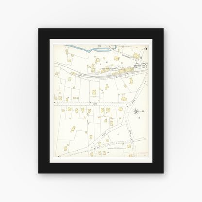 Old map wall art mockup — black gallery frame with white mat — Sanborn Fire Insurance Map from Nevada City, Nevada County, California (1898), Sheet #0009