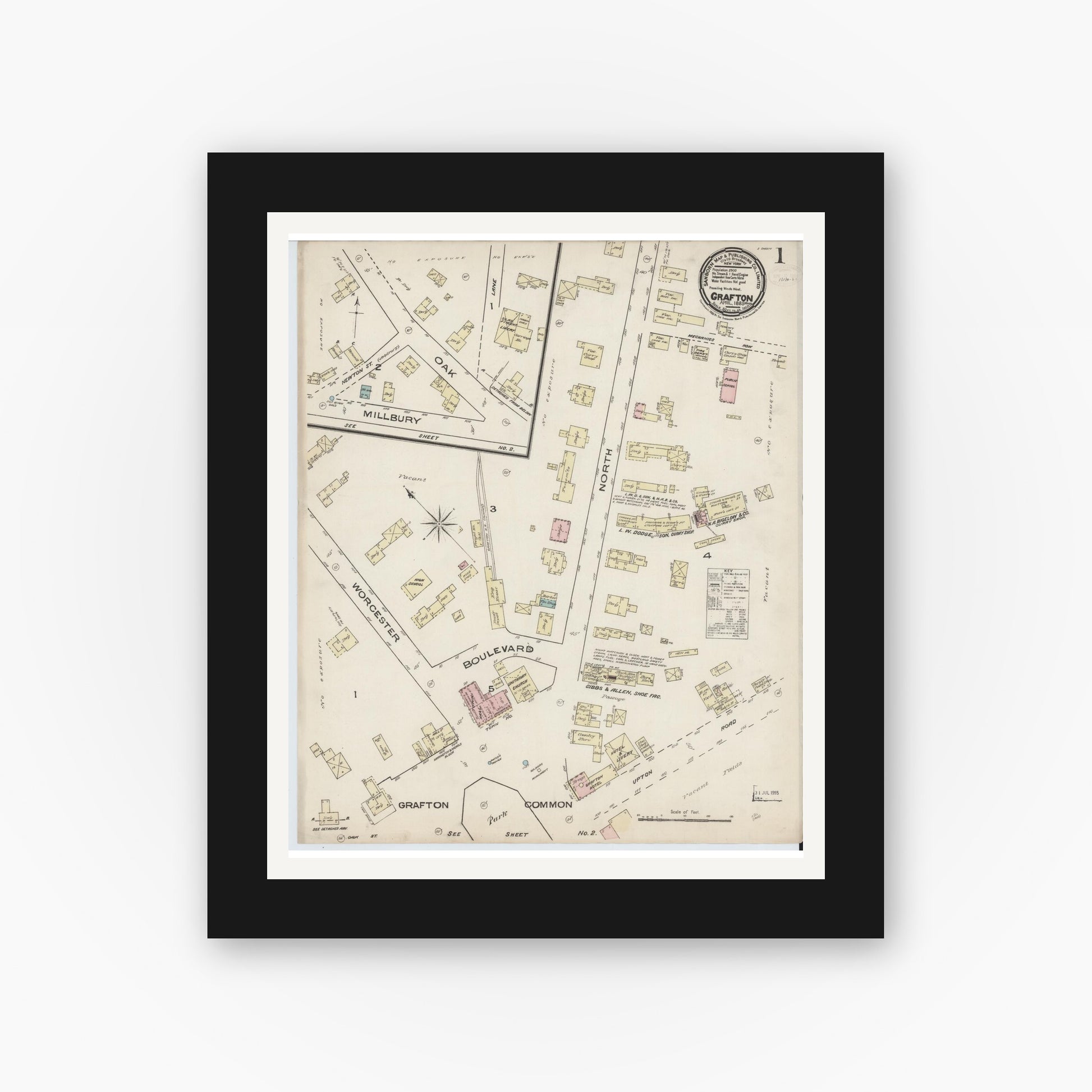 Old map wall art mockup — black gallery frame with white mat — Sanborn Fire Insurance Map from Grafton, Worcester County, Massachusetts (1885) - Complete Map Set