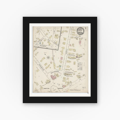 Old map wall art mockup — black gallery frame with white mat — Sanborn Fire Insurance Map from Grafton, Worcester County, Massachusetts (1885) - Complete Map Set