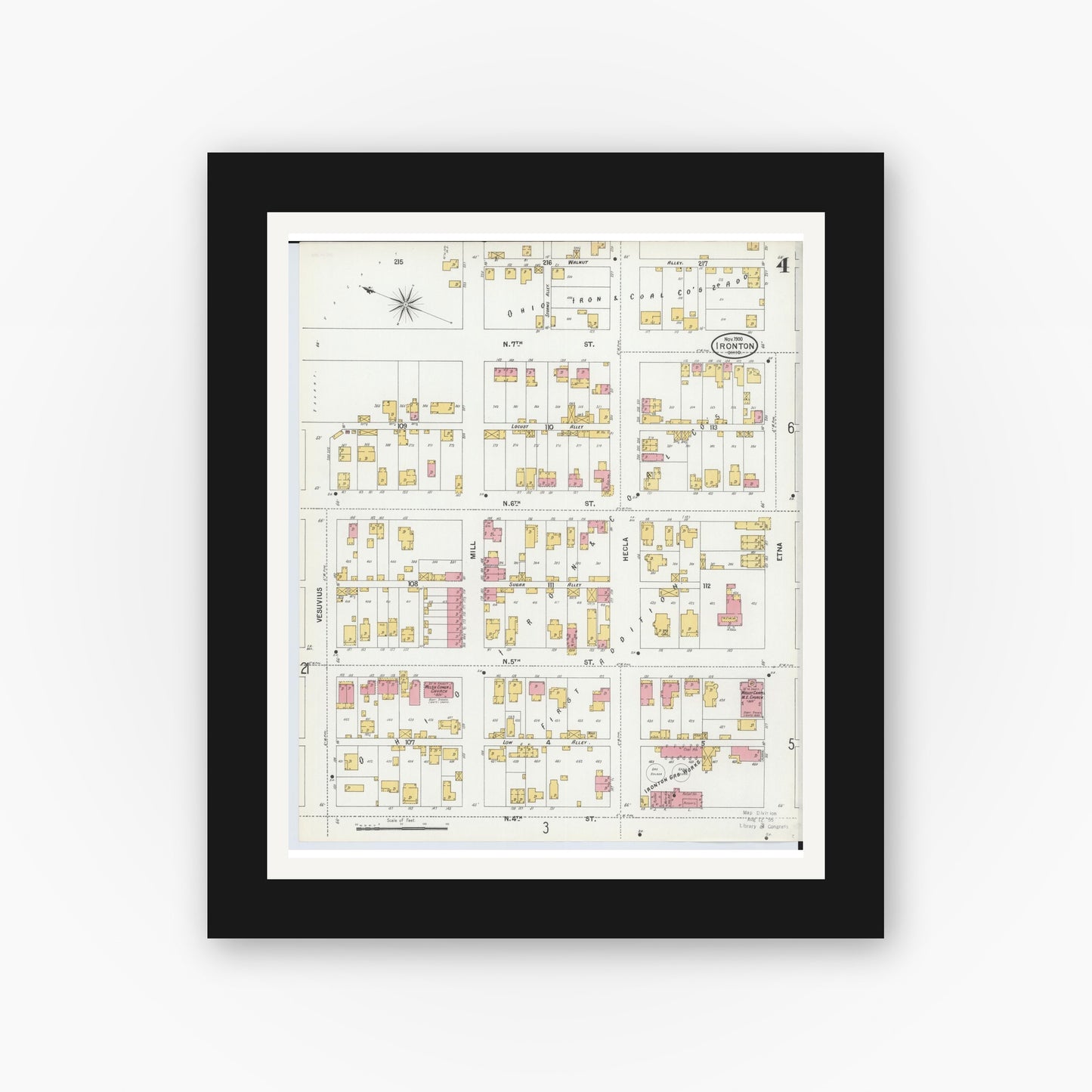 Old map wall art mockup — black gallery frame with white mat — Sanborn Fire Insurance Map from Ironton, Lawrence County, Ohio (1900), Sheet #0004