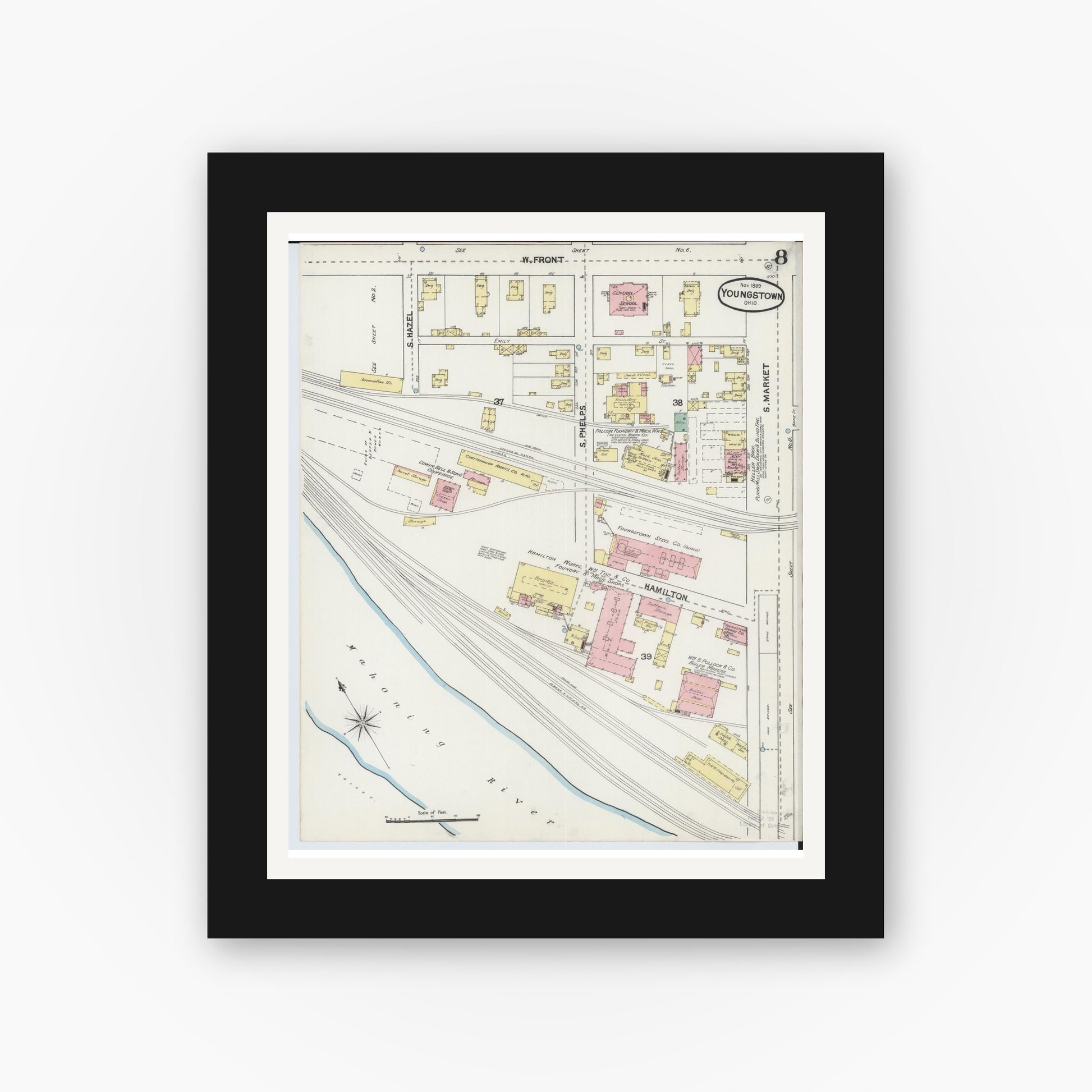 Old map wall art mockup — black gallery frame with white mat — Sanborn Fire Insurance Map from Youngstown, Mahoning County, Ohio (1889), Sheet #0008