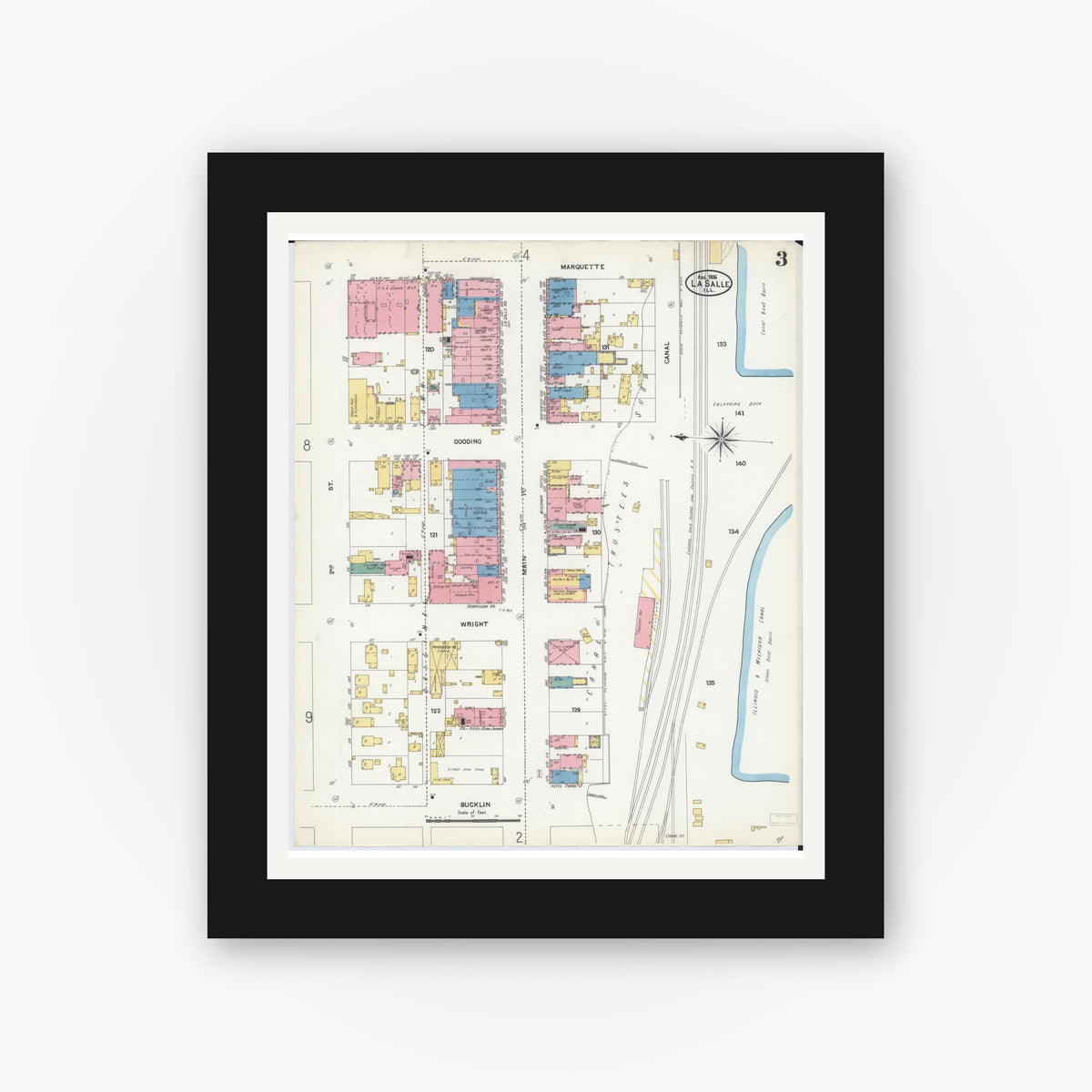 Old map wall art mockup — black gallery frame with white mat — Sanborn Fire Insurance Map from La Salle, La Salle County, Illinois (1906), Sheet #0003