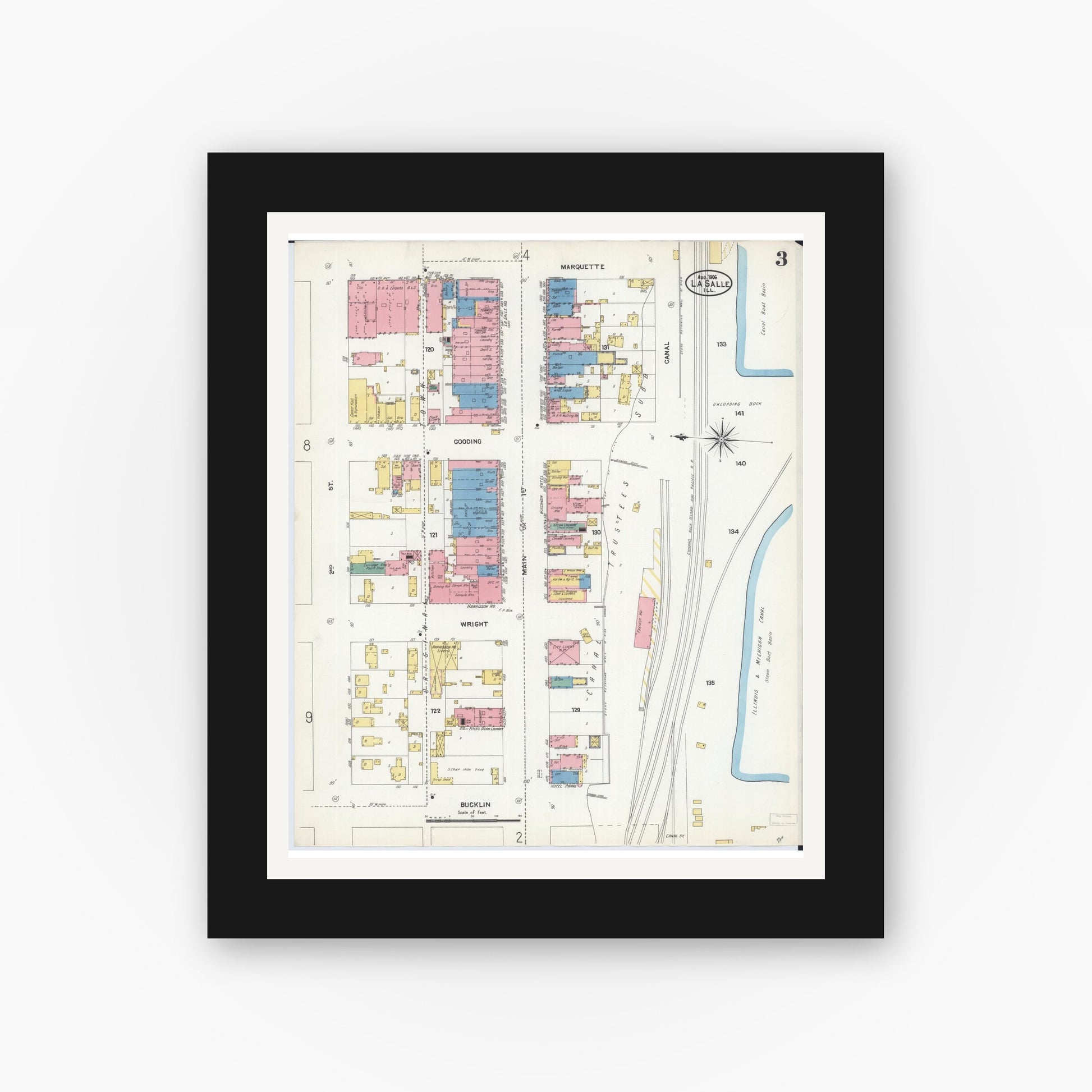 Old map wall art mockup — black gallery frame with white mat — Sanborn Fire Insurance Map from La Salle, La Salle County, Illinois (1906), Sheet #0003