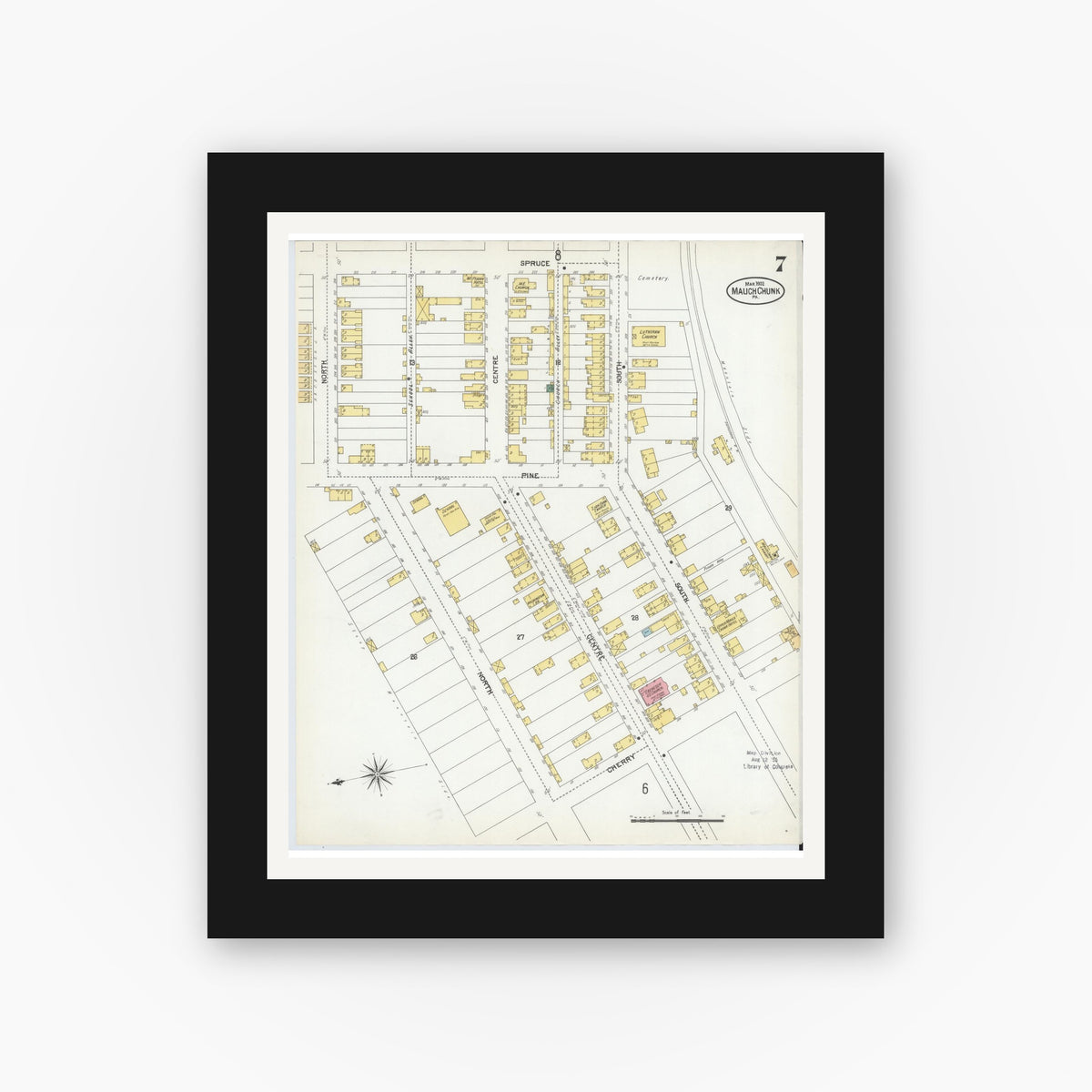 Old map wall art mockup — black gallery frame with white mat — Sanborn Fire Insurance Map from Mauch Chunk, Carbon County, Pennsylvania (1902), Sheet #0007