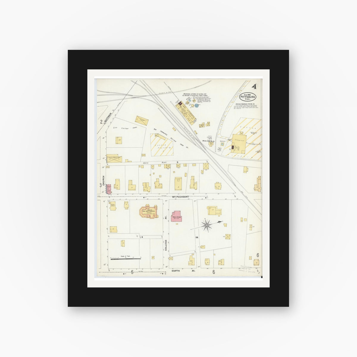 Old map wall art mockup — black gallery frame with white mat — Sanborn Fire Insurance Map from Pittsburg, Camp County, Texas (1906), Sheet #0004
