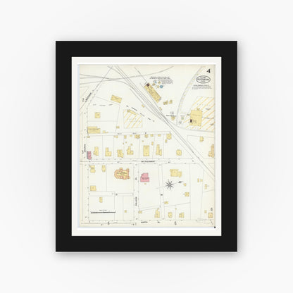 Old map wall art mockup — black gallery frame with white mat — Sanborn Fire Insurance Map from Pittsburg, Camp County, Texas (1906), Sheet #0004
